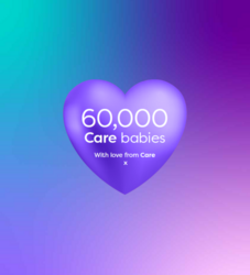 Care 60,000 babies heart with gradient background