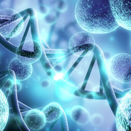 Close-up of DNA and cells on a blue and purple background