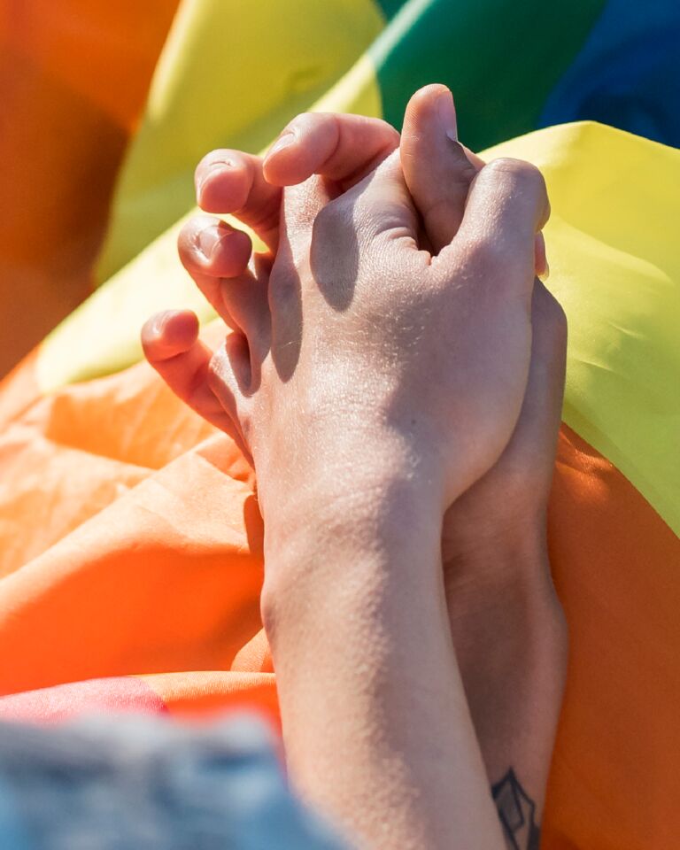 Same sex couple holding hands with Pride flag