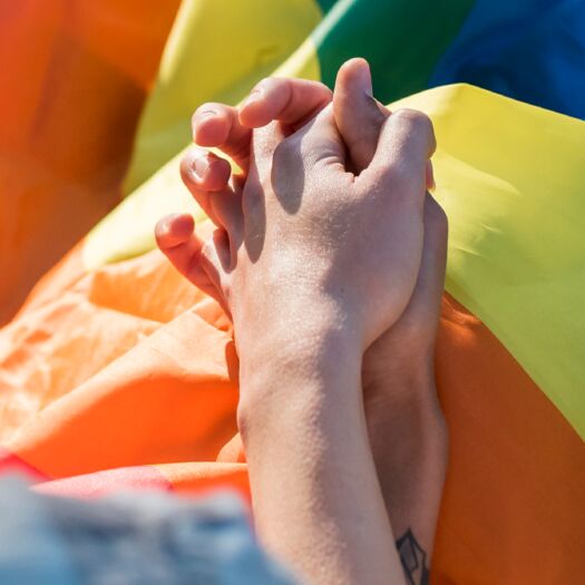 Same sex couple holding hands with Pride flag