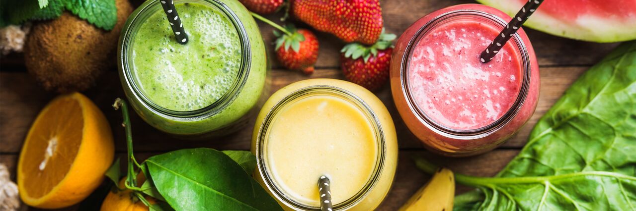 Image of healthy nutritious smoothies and colourful fruit