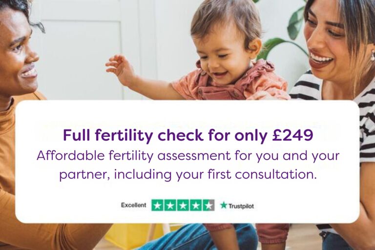 two women and a baby text reads £249 for a full fertility check